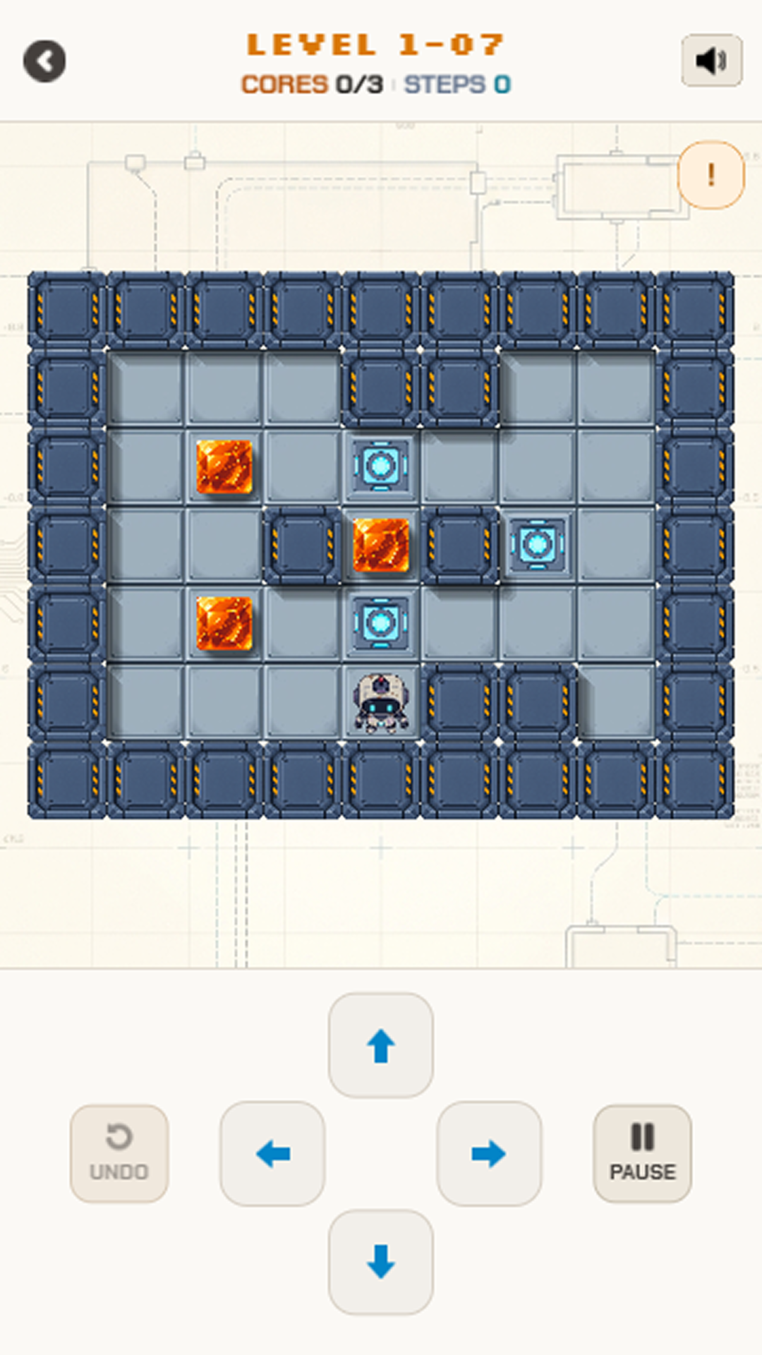 Actual LAST UNIT gameplay: SOKO beside an orange energy core and a blue power station on a tiled puzzle board.